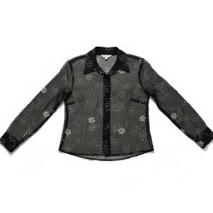 VTG Y2K Anxiety Black Sheer Floral Grunge Gen X Blouse Women’s M Deadstock